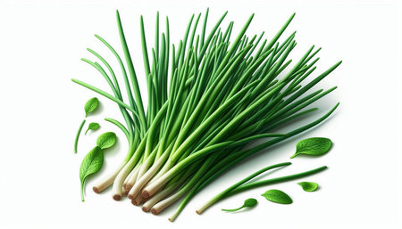 Fresh green chives isolated on white background. Top view. Flat lay
