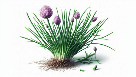 Chives flowers with roots isolated on white background. 3d illustration