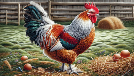 Colorful rooster with eggs on the farm. 3d illustration