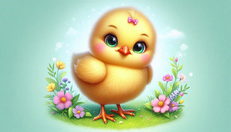 chick and spring flowers on green background. easter card.の写真素材