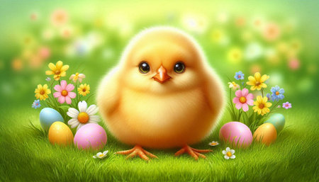 Easter chicken with easter eggs and flowers on green grass background