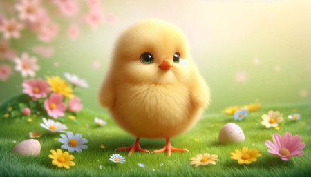 chick and easter eggs on green meadow with flowers.