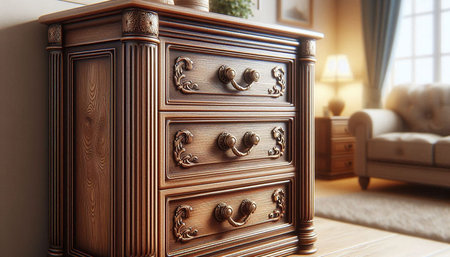 Wooden chest of drawers in the interior. 3d rendering