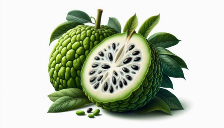 Custard apple with green leaves isolated on white background. Vector illustration.