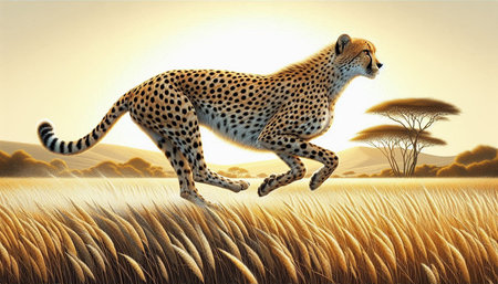 Cheetah running in savannah at sunset. 3D rendering