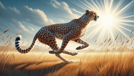 Cheetah running in the field at sunset. 3d render