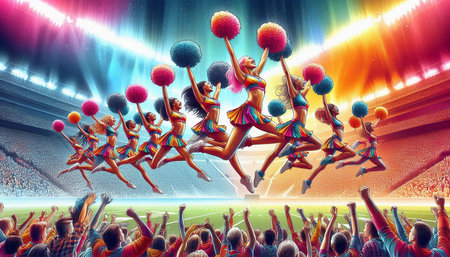 Cheerleaders at a soccer stadium. 3D rendering illustration.