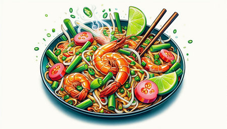 Illustration of asian noodle dish with shrimps and vegetables