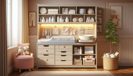3d render of a baby nursery interior with a changing table, shelves, and various baby itemsの写真素材