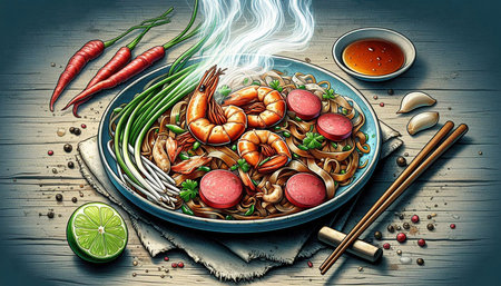 Noodles with shrimps, vegetables and spices on wooden background