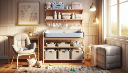 3d rendering children's room with furniture and toys in scandinavian styleの写真素材