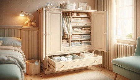 Wooden wardrobe with clothes and accessories in child room. 3d render