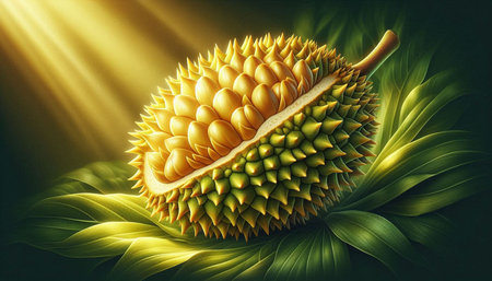durian fruit on a green leaf background. 3d illustration