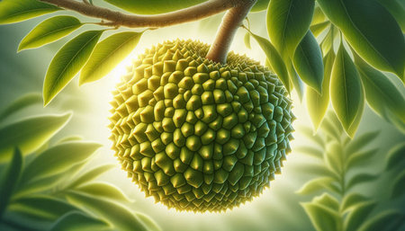 Close up of ripe durian fruit on green background. 3d rendering