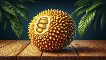 3d rendering of durian fruit on wooden table with palm leaves background