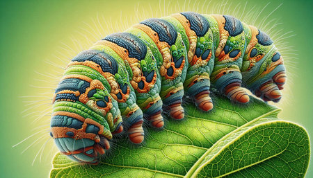 Caterpillar on a green leaf. 3D illustration. Green background.