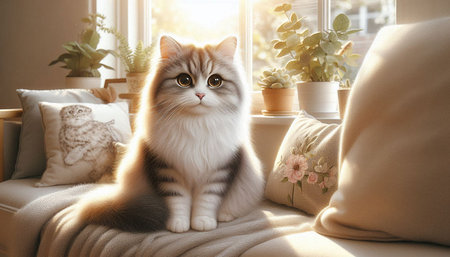 Cute cat on sofa at home. Fluffy pet at home