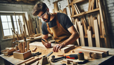 Carpenter working in his workshop. Young handsome caucasian man in apron and eyeglasses working with...