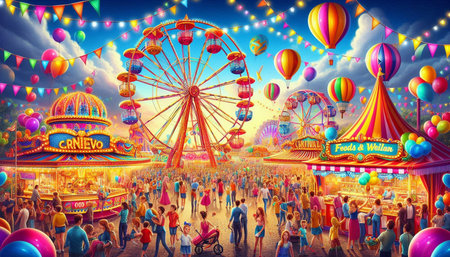 Amusement park with ferris wheel and people in motion.