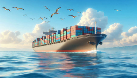 Cargo ship in the sea with seagulls flying around