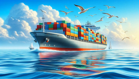 Cargo ship in the sea with seagulls flying around