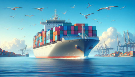 Container Cargo freight ship with working crane bridge background. Freight transportation and global...