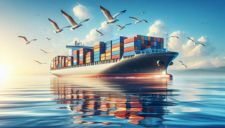 Cargo ship in the sea with seagulls flying around
