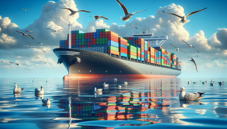 Cargo ship and seagulls in the sea. 3D renderingの写真素材