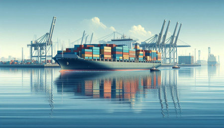 Container Cargo freight ship with working crane bridge for Logistic Import Export background