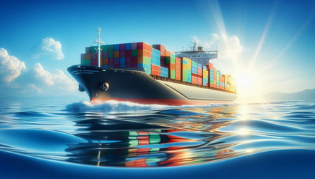 Cargo ship in the sea. Freight transportation and logistics concept