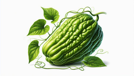 Bitter melon with leaves isolated on white background. 3d illustration