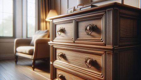Wooden chest of drawers in the interior of the living roomの写真素材