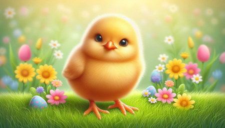 Easter card with easter chick and colorful eggs on green grass