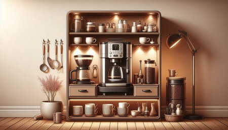 3d rendering of a coffee machine in a room with brown wallの写真素材