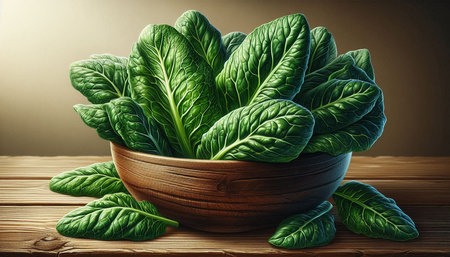 Spinach leaves in bowl on wooden table. Healthy food concept