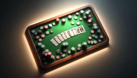 Poker chips and cards on green casino table. 3D rendering