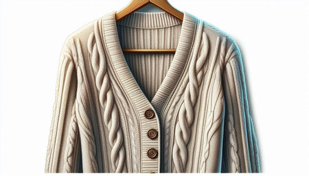 Woolen sweater on a wooden hanger isolated on white background