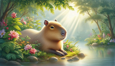 3D rendering of a cute capybara in the forest.の写真素材