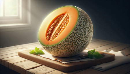 Melon on a wooden table. Close-up. 3D rendering