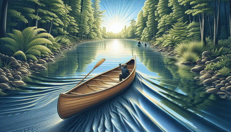 Fantasy landscape with a rowing boat on a lake. 3D renderingの写真素材