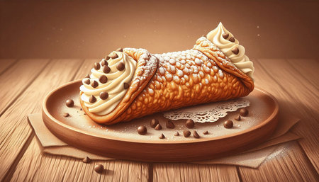 A pastry filled with cream and chocolate on wooden background. 3d illustration
