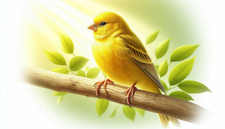 Yellow canary on a branch with green leaves in the background.の写真素材