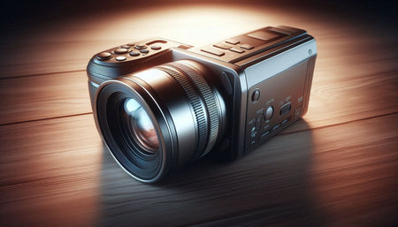 Digital camera on a wooden background. 3d illustration. Shallow depth of field.