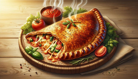 Pizza calzone with tomato sauce and herbs on wooden background.