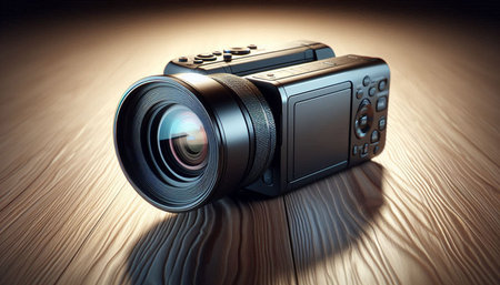 Digital camera on a wooden table. 3d illustration. Selective focus.の写真素材