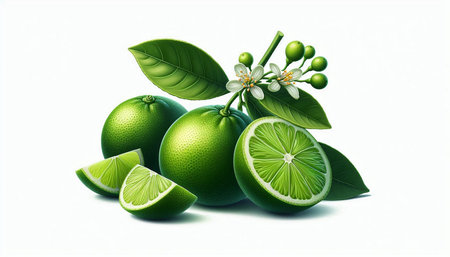 Lime fruit with leaves and flowers isolated on a white background.