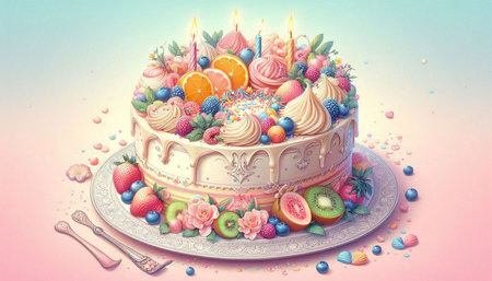 Birthday cake with candies, fruits and berries on pink backgroundの写真素材