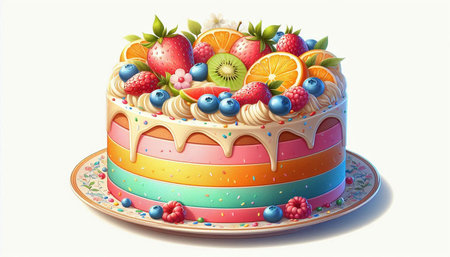 Illustration of a colorful cake with fruits and berries on a white background