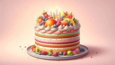 Birthday cake with fruits and candles on pink background. 3d illustration