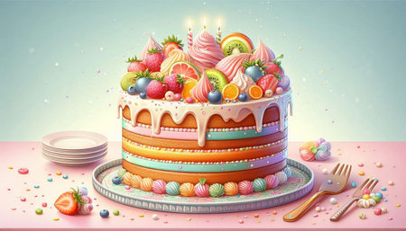 Birthday cake with cream and fruits on pastel background, vector illustration